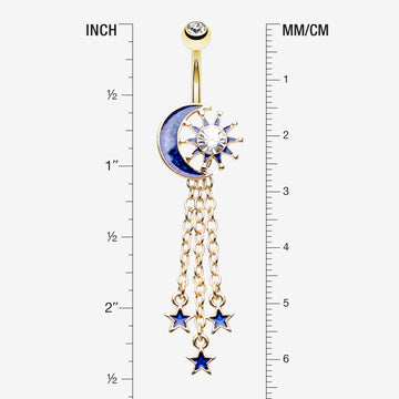 Detail View 1 of Golden Blue Sparkle Crescent Moon Sun and Stars Belly Button Ring-Clear Gem